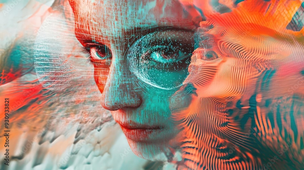 Poster a captivating abstract portrait with vibrant colors and textures, blending human features and surrea