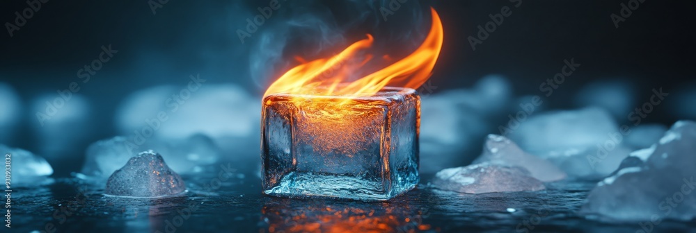Poster a mesmerizing ice cube surrounded by bright, flickering flames, showcasing the vivid and striking co