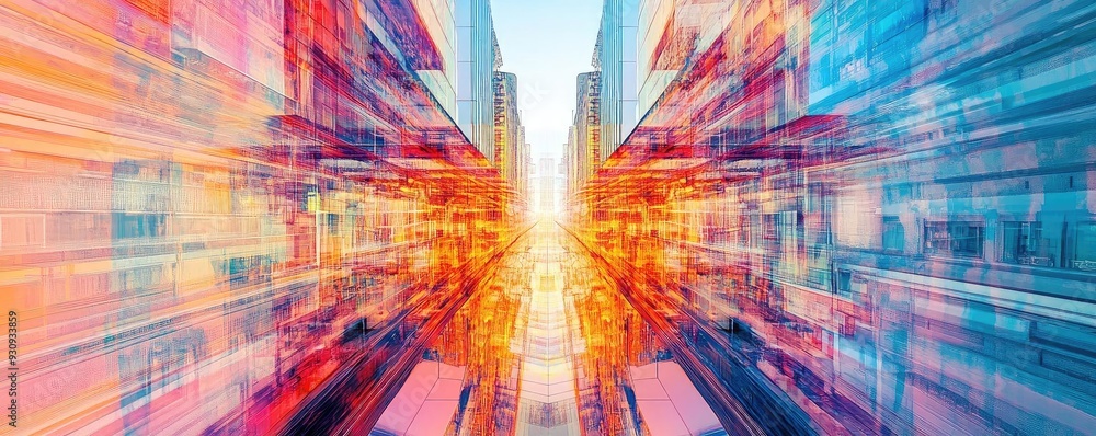 Poster dynamic cityscape with vibrant colors and blurred motion, creating a sense of speed and modernity in