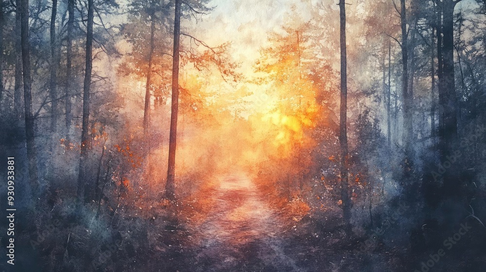 Poster a mystical forest scene illuminated by a fiery sunset, creating an enchanting atmosphere with vibran