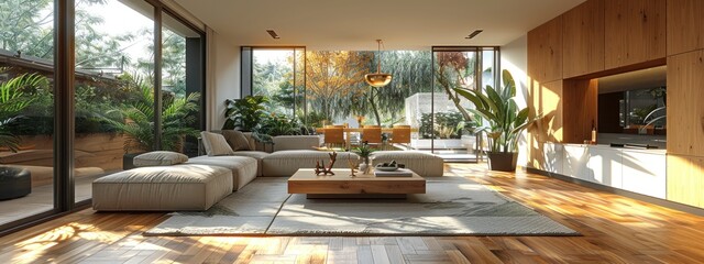 Fototapeta premium Minimalist Scandinavian apartment interior, featuring a bright living room with clean lines, 3D render.