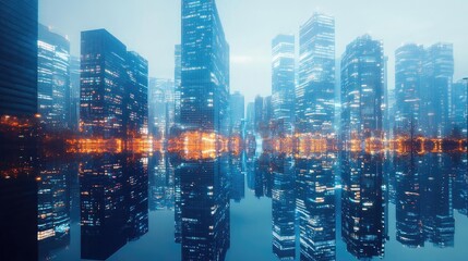Fototapeta premium Futuristic city skyline at night with reflections on water, showcasing illuminated buildings in a misty atmosphere.