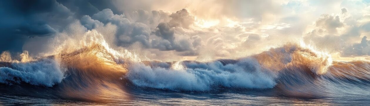A breathtaking ocean wave with dynamic motion, illuminated by a striking sunset sky. Perfect for nature and travel themes.