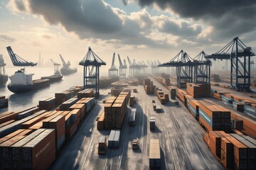 Obraz premium Harbor Scene with Cranes and Containers