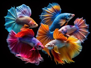 Vibrant betta fish showcasing various fin styles, including halfmoon, crowntails, plakat, dumbo, and veiltail, in diverse colors, on isolated dark backgrounds, highlighting majestic scales and fins.