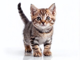 Fototapeta premium Adorable curious European Shorthair kitten walks sideways, gazing straight at the camera with bright eyes, isolated on a clean white background.