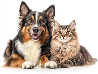 Fototapeta premium Adorable Australian Shepherd and Cat Duo Pose Together, Playful and Content, Gazing at Camera on a Clean White Background. Companionship and Pet Friendship Concepts.