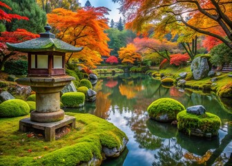 Serenene Japanese garden at Shinnyodo temple in Kyoto, Japan, features vibrant green moss, tranquil koi pond, and traditional stone lanterns amidst autumn foliage backdrop.