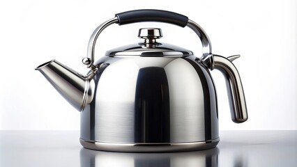A shiny stainless steel kettle with a black handle, kitchen, appliance, boiling, tea, hot water, metal, household, cookware, electric