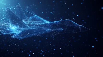Fototapeta premium Dark blue fighter jet with polygon line on abstract background. Low poly wireframe with lines, dots and glowing particles.