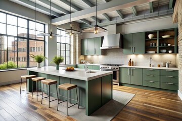 Modern loft apartment's sleek open kitchen features glossy gray-green cabinetry, a crisp white island with smooth surface, and chic industrial-chic architectural details.