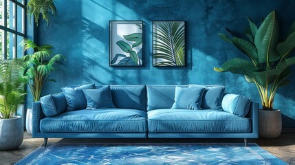 Living room interior with sofa, minimalist style, blank wall for copy, 3D rendering.