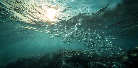 Obraz premium Bubbles rising from the ocean floor, creating a captivating underwater scene filled with life