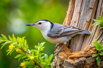 Fototapeta premium A small, agile white-breasted nuthatch searches for hidden insects on the weathered bark of a dead tree, surrounded by fresh greenery of spring.