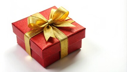 Fototapeta premium Red gift box with shimmering gold bow on white background, present, surprise, celebration, holiday, ribbon