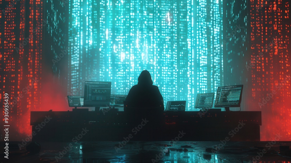 Poster a hacker in a hoodie focuses on multiple screens illuminated with cascading, colorful code in a diml
