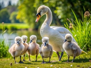 Obraz premium Adorable grey cygnets with black beaks waddle beside mother swan, their downy feathers glistening in sunlight, as they grow and prepare for first flight.