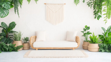 Fototapeta premium Boho minimalist coffee nook with rattan furniture, a macrame hanging, and plenty of plants.