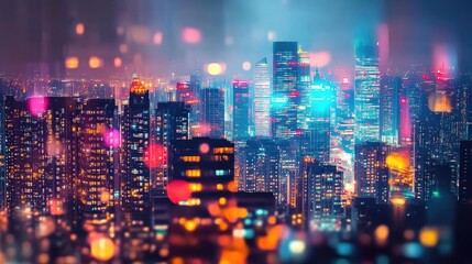 A vibrant cityscape at night, showcasing illuminated skyscrapers and colorful city lights, creating a mesmerizing urban atmosphere.