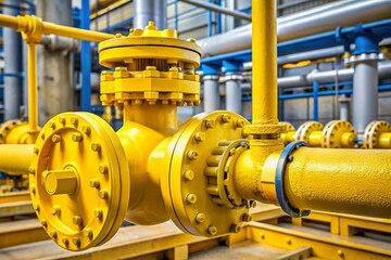 Industrial yellow pipeline with flanges and ball valve for shutting off pressure, a crucial connection point in gas equipment and gasification systems.