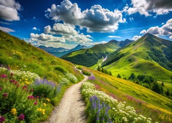 Winding mountain path leads through lush green hillsides, accompanied by wildflowers, under a bright blue summer sky with puffy white clouds.