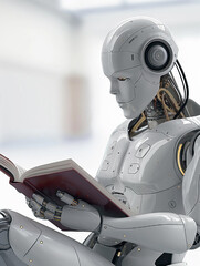 Cyborg Reading Like A human, AI Robot Engaged in Learning: A Glimpse into the Future of Artificial Intelligence.  Digital Illustration. 