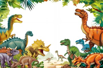 A cartoon illustration featuring a variety of dinosaurs surrounding a blank white space, perfect for adding your own text or design.