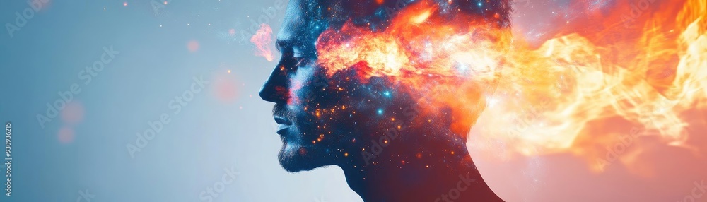 Poster a creative representation of a person with an abstract explosion of colors and light emanating from 