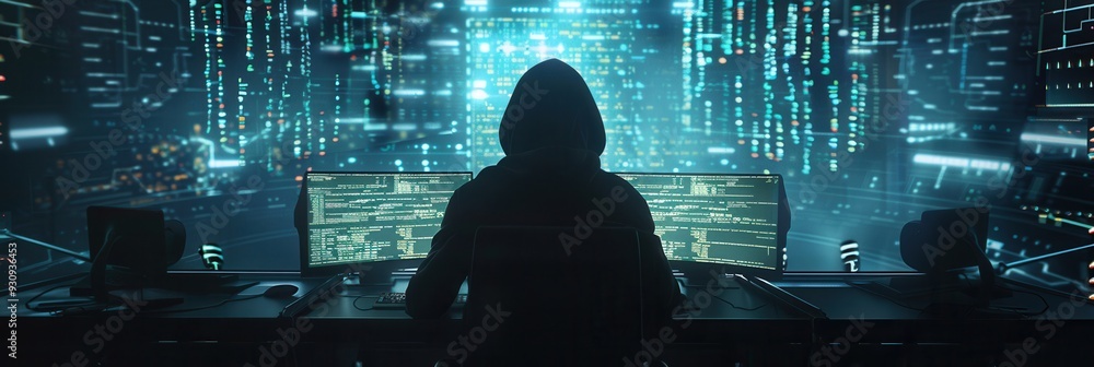 Poster a silhouette of a hacker in a hoodie is focused on a computer, surrounded by screens filled with mat