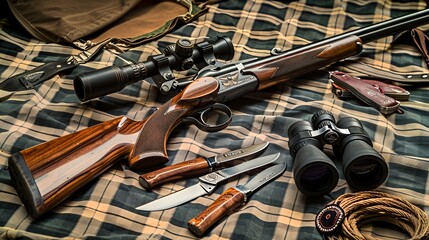 A hunting rifle with a scope, binoculars, and knives on a plaid fabric.