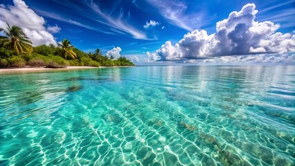 Obraz premium Crystal clear waters of a tropical sea , paradise, beach, palm trees, turquoise, coral reef, tropical fish