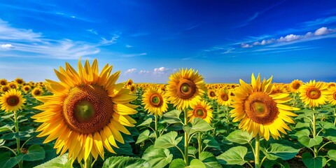 Fototapeta premium Vibrant field of sunflowers under a clear blue sky, nature, yellow, flowers, summer, agriculture, farm, landscape, beauty, petals