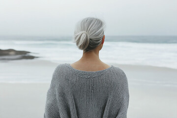 Rear view of senior Caucasian woman looking out to ocean and waves, cold weather, copy space
