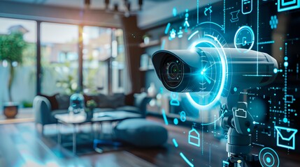 A modern security camera with a blue glowing circle around it, against a blurred background of a living room.