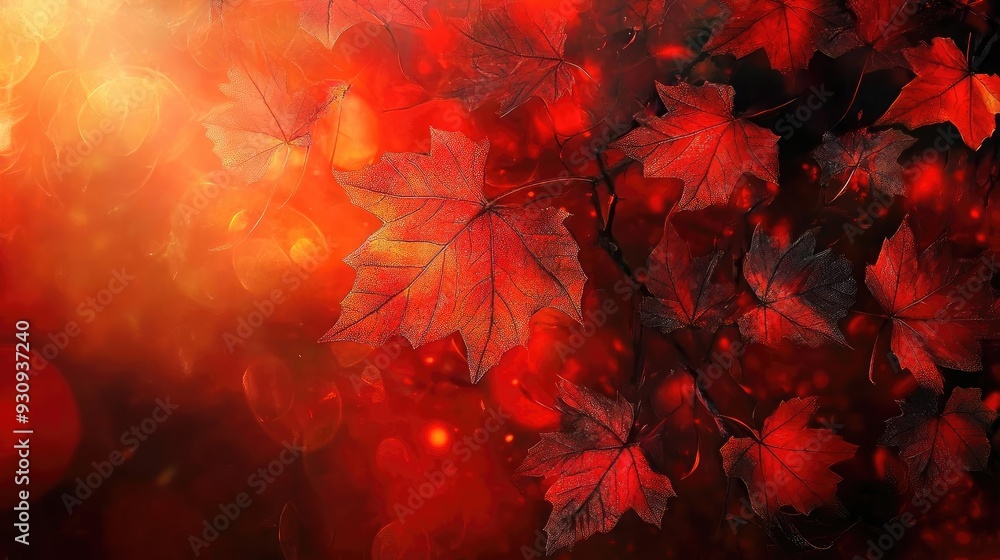 Aufkleber vibrant red maple leaves illuminated by soft light create a warm and inviting autumn atmosphere.