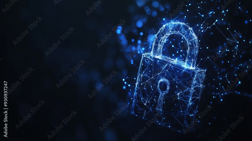 Poster lock low poly touch with dark blue background. low poly wireframe with lines, dots and glowing parti