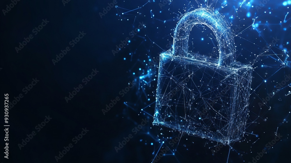Poster lock low poly touch with dark blue background. low poly wireframe with lines, dots and glowing parti