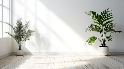 Empty white room interior with plant pot on a wooden floor