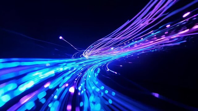 Illuminated fiber optic strands swirl in darkness. Vibrant blue and purple light trails create sense of speed and connectivity. Motion blur enhances dynamic visual effect.	