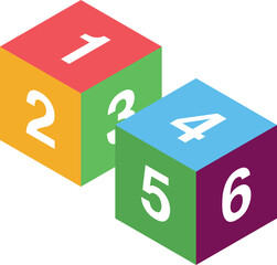 Two colorful cubes showing numbers one to six on their sides