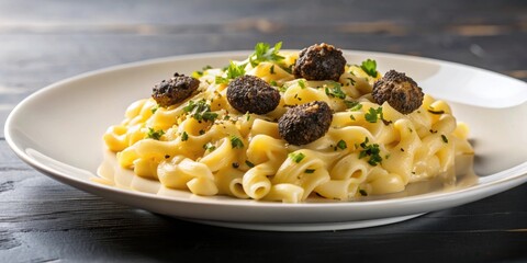 Delicious black truffle macaroni and cheese on a plate, Gourmet, savory, creamy, pasta, dish, truffle, cheese