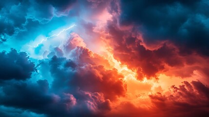 Fototapeta premium Dramatic stormy sky with lightning and vibrant red and blue clouds.