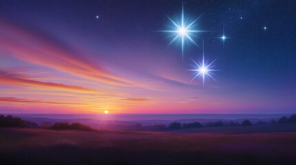 Beautiful sunset  with clouds landscape with bright stars sky background.