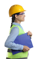 Engineer in hard hat with clipboard on white background