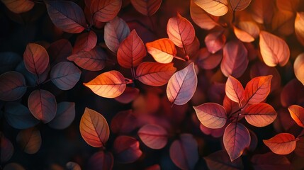 A close-up view of vibrant, multicolored leaves showcasing rich autumn hues, creating a serene, natural atmosphere.