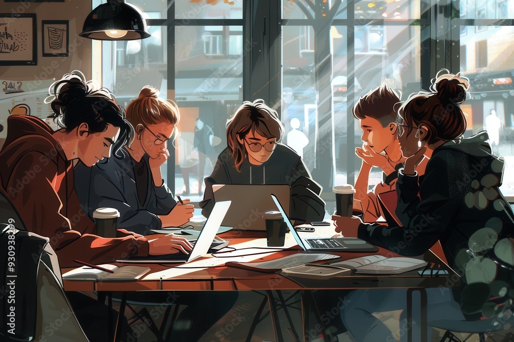 Poster a group of young entrepreneurs discusses ideas, working intently on laptops amidst coffee cups and n