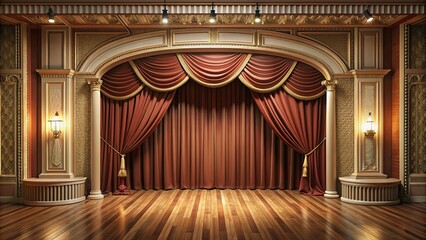 Classic interior with curtains and stage in rendering, theater, performance, elegant, vintage, luxury, theatrical