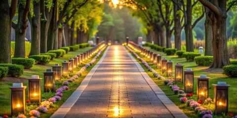 A serene path lined with memorials for peaceful reflection, memorial, lane, path, remembrance, tribute, monument