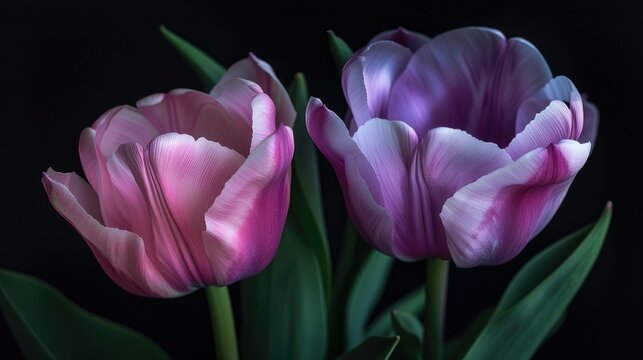 Macro flower portrait of two fully open tulip blossoms in pink and violet colors set against a black background with detailed texture and green foliage