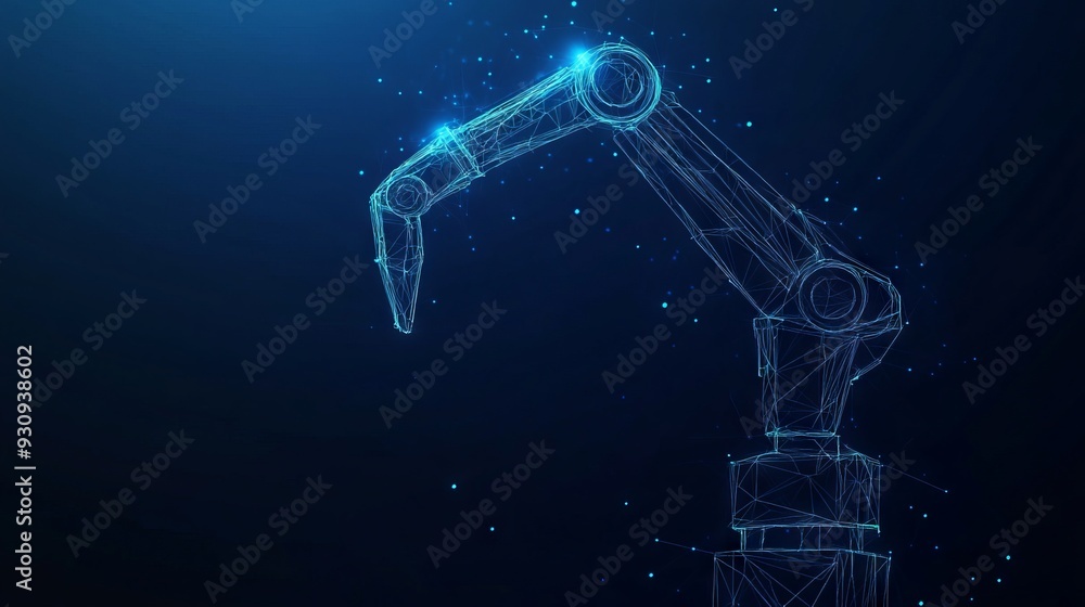 Poster robotic arm in blue background. automation concept. low poly wireframe with lines, dots and glowing 